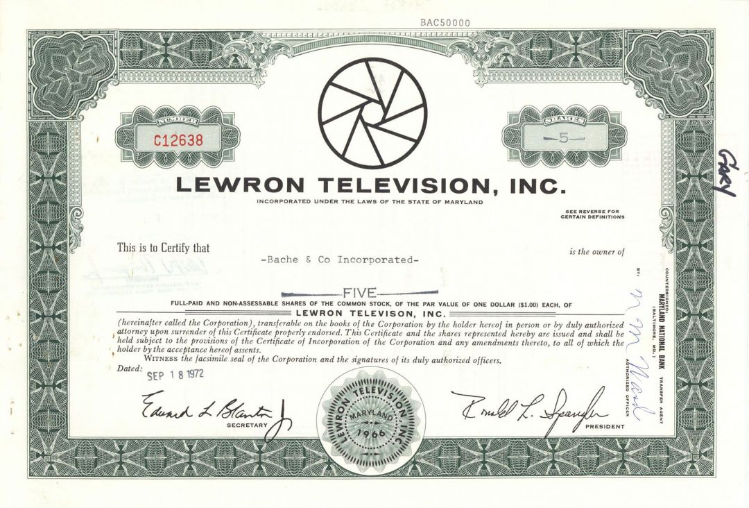 Lewron Television, Inc. - Stock Certificate