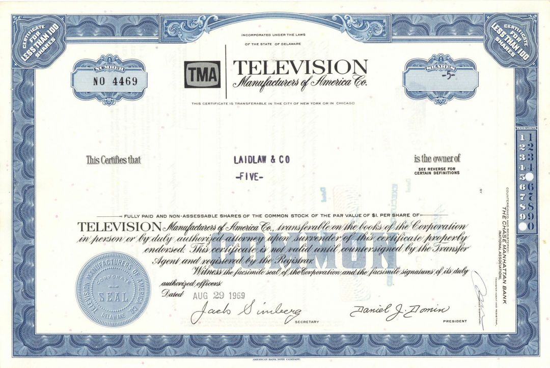 Television Manufacturers of America Co. (TMA) - Stock Certificate