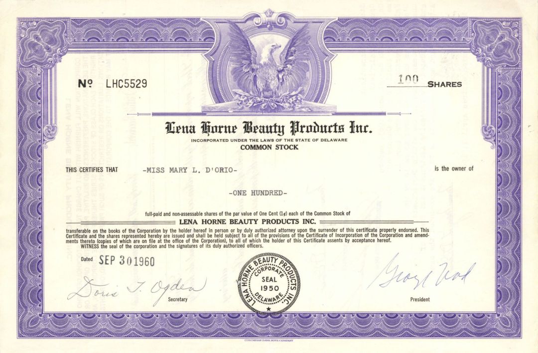 Lena Horne Beauty Products, Inc. - 1960-1963 dated Entertainment Stock Certificate - Famous American Singer, Actress, Dancer, and Civil Rights Activist