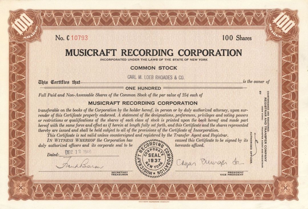 Musicraft Recording Corporation - 1946-1948 dated Entertainment Stock Certificate
