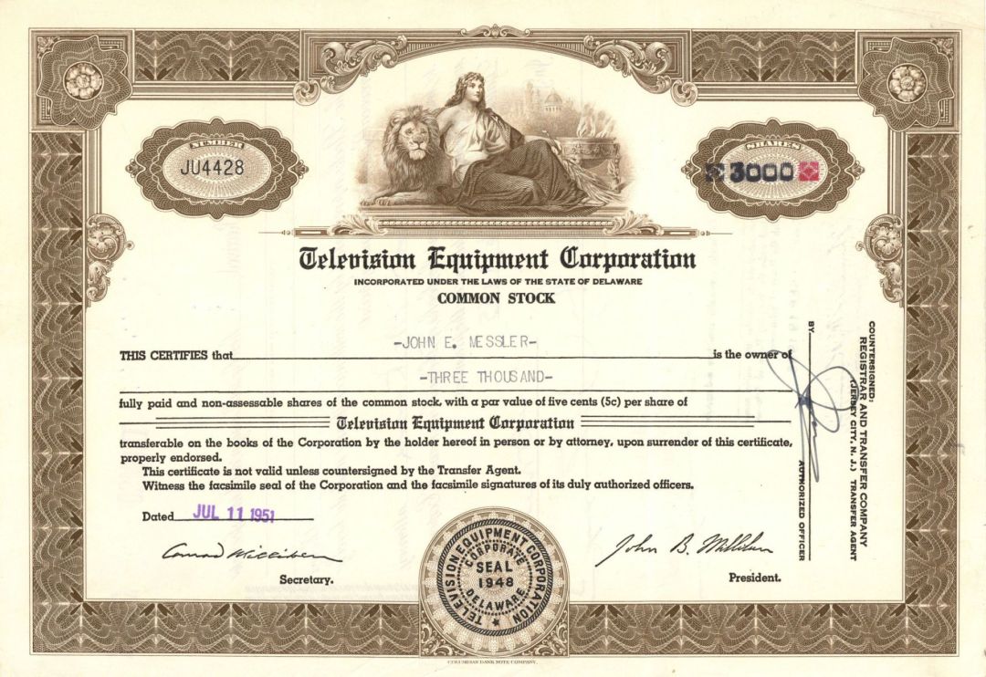 Television Equipment Corp. - 1951 Entertainment Stock Certificate