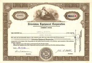 Television Equipment Corp. - 1951 Entertainment Stock Certificate