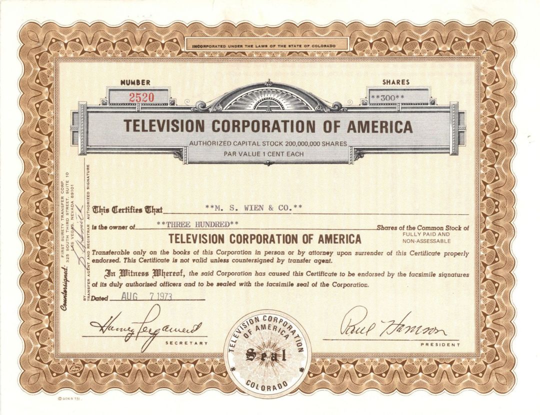 Television Corporation of America - 1974 dated Entertainment Stock Certificate - Founded by Nancy Dickerson