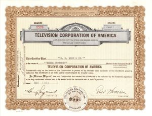 Television Corporation of America - 1974 dated Entertainment Stock Certificate - Founded by Nancy Dickerson