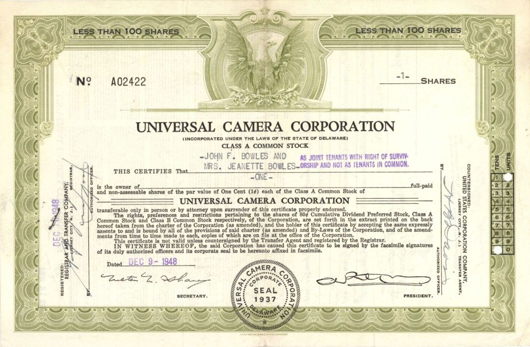 Universal Camera Corporation - 1948 dated Entertainment Stock Certificate - Made the Univex Mercury Camera