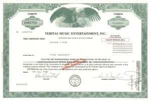 Veritas Music Entertainment, Inc. - 1998 Entertainment Stock Certificate