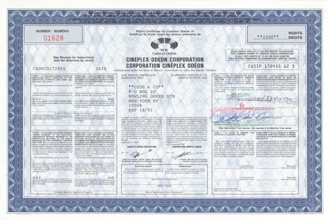 Cineplex Odeon Corp. - 1991 dated Canadian Entertainment Stock Certificate