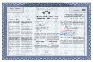 Cineplex Odeon Corp. - 1991 dated Canadian Entertainment Stock Certificate