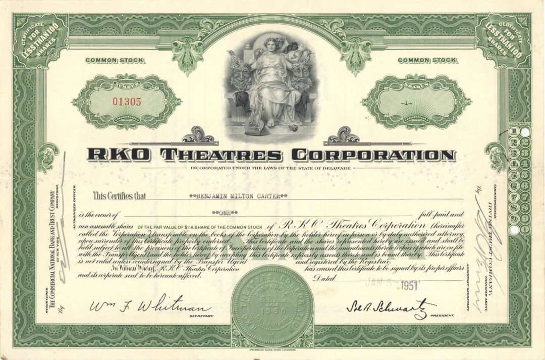 RKO Theatres Corp.  - 1951 dated Stock Certificate