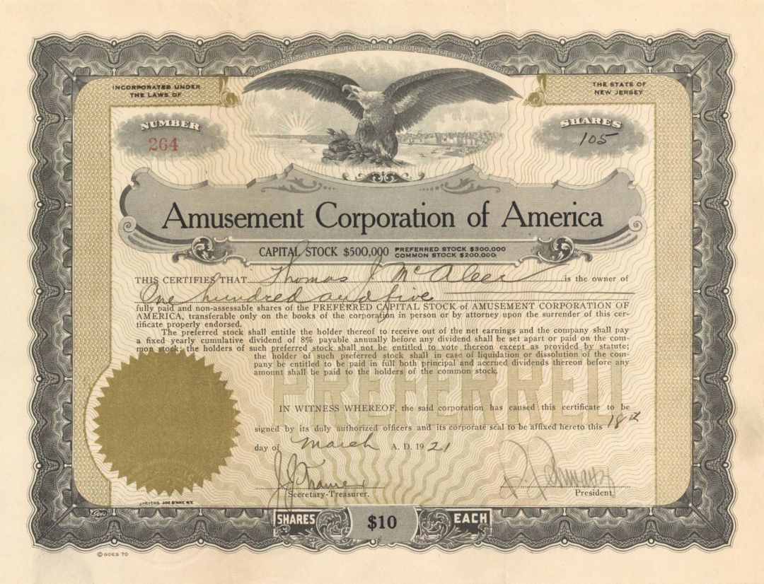 Amusement Corporation of America - 1921 dated Stock Certificate