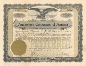 Amusement Corporation of America - 1921 dated Stock Certificate