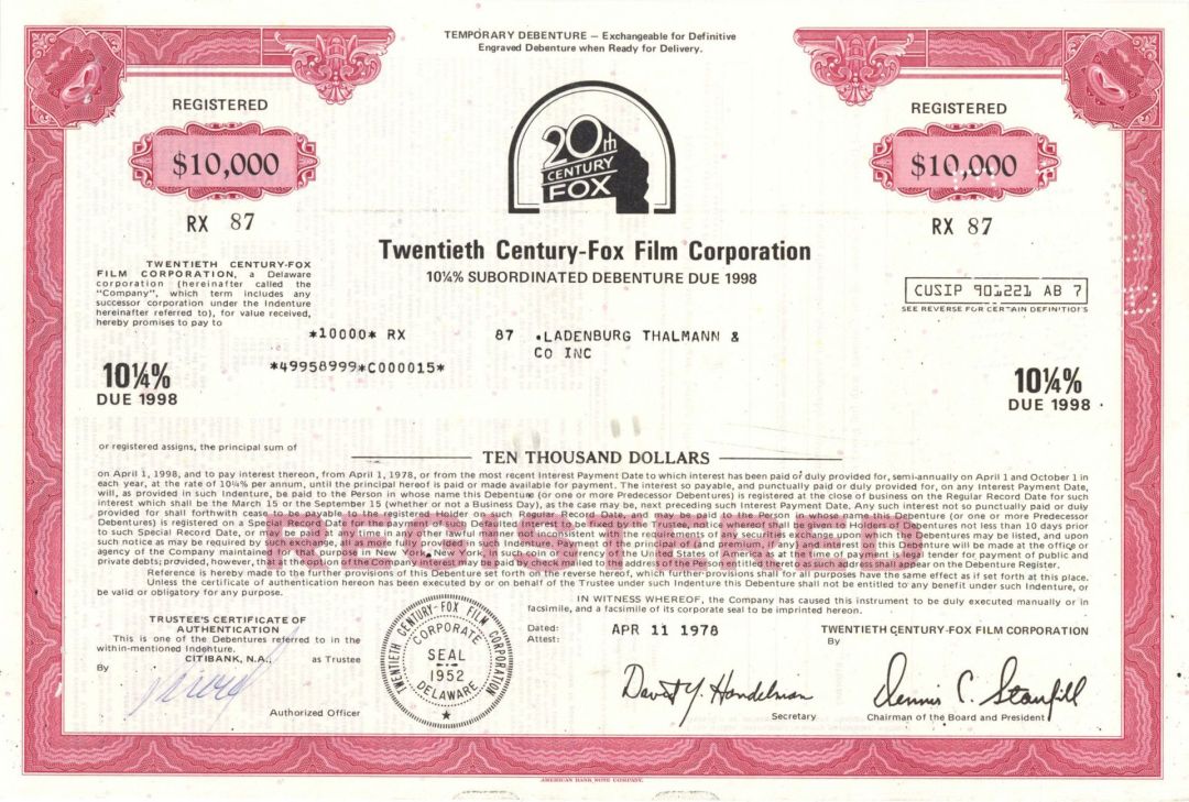 Twentieth Century-Fox Film Corp. - 1978 dated $10,000, $5,000 or $1,000 Bond