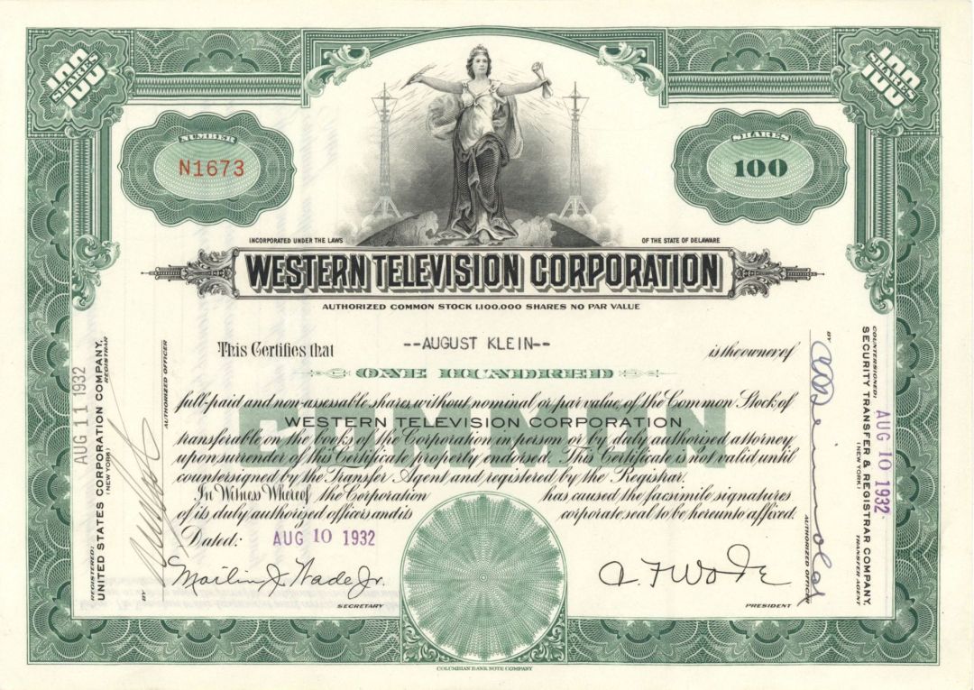 Western Television Corp. - 1932 dated Stock Certificate