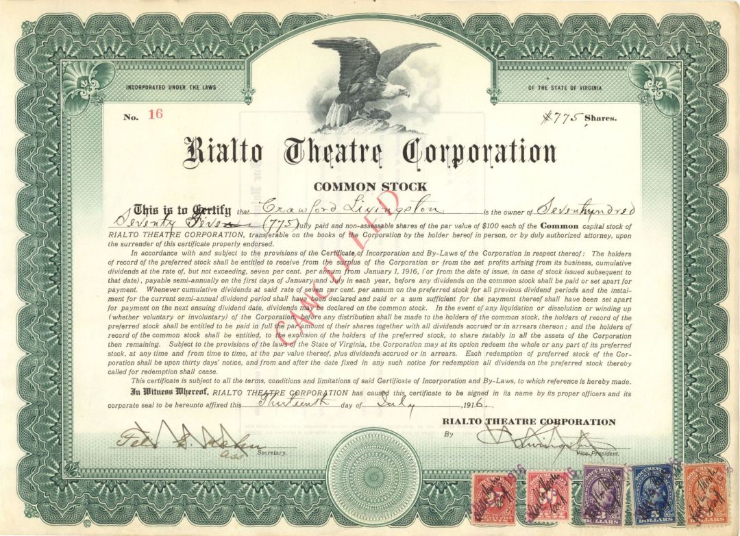 Rialto Theatre Corp. - 1916 dated Stock Certificate