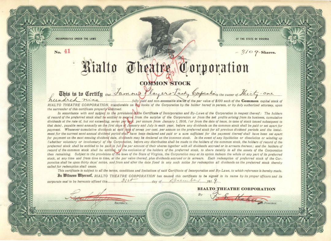 Rialto Theatre Corp. - 1919-1927 dated Stock Certificate