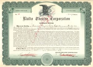 Rialto Theatre Corp. - 1919-1927 dated Stock Certificate