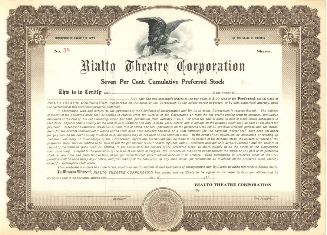 Rialto Theatre Corp. - Unissued Stock Certificate