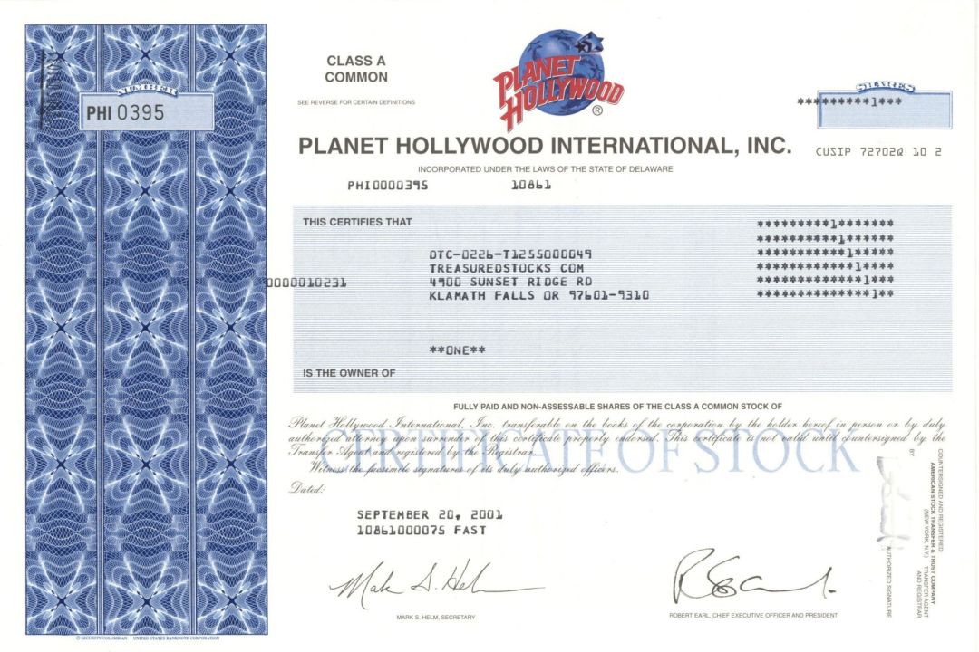 Planet Hollywood International, Inc. - 2001 dated Hollywood Themed Restaurant Chain Stock Certificate