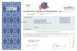 Planet Hollywood International, Inc. - 2001 dated Hollywood Themed Restaurant Chain Stock Certificate