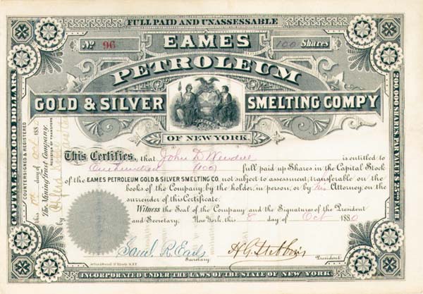 Eames Petroleum Gold & Silver Smelting Company of New York - Stock Certificate