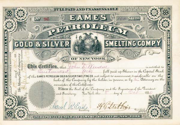 Eames Petroleum Gold and Silver Smelting Co. of New York - Stock Certificate (Uncanceled)