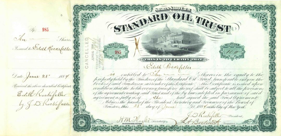 Standard Oil Trust Issued and Signed to Edith Rockefeller - Ultra Rare if not Unique - Autgraph Stock Certificate