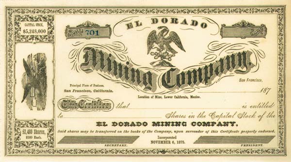 El Dorado Mining Co. - Stock Certificate