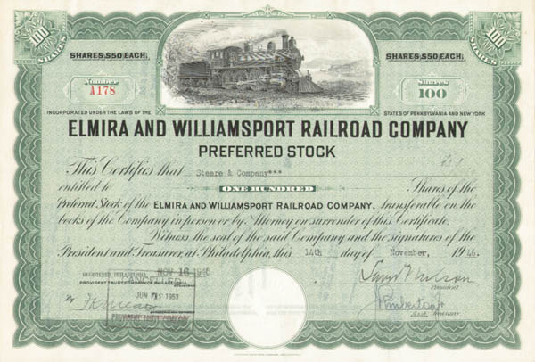 Elmira and Williamsport Railroad - Stock Certificate