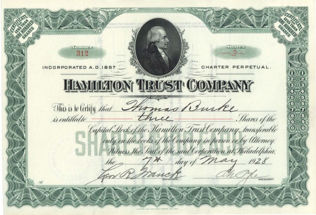 Hamilton Trust Co. -1928 dated Stock Certificate