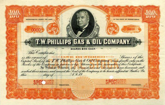 T.W. Phillips Gas and Oil Co. - Specimen Stock Certificate