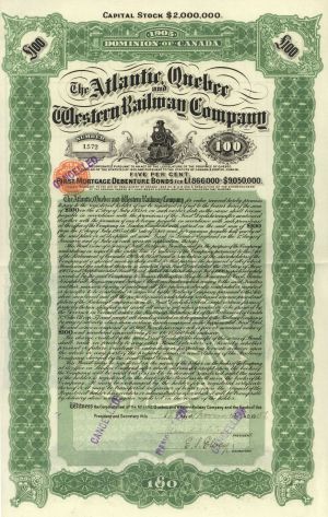 Atlantic, Quebec and Western Railway Co. - 1906 dated 100 British Pound Canadian Railroad Bond - Dominion of Canada