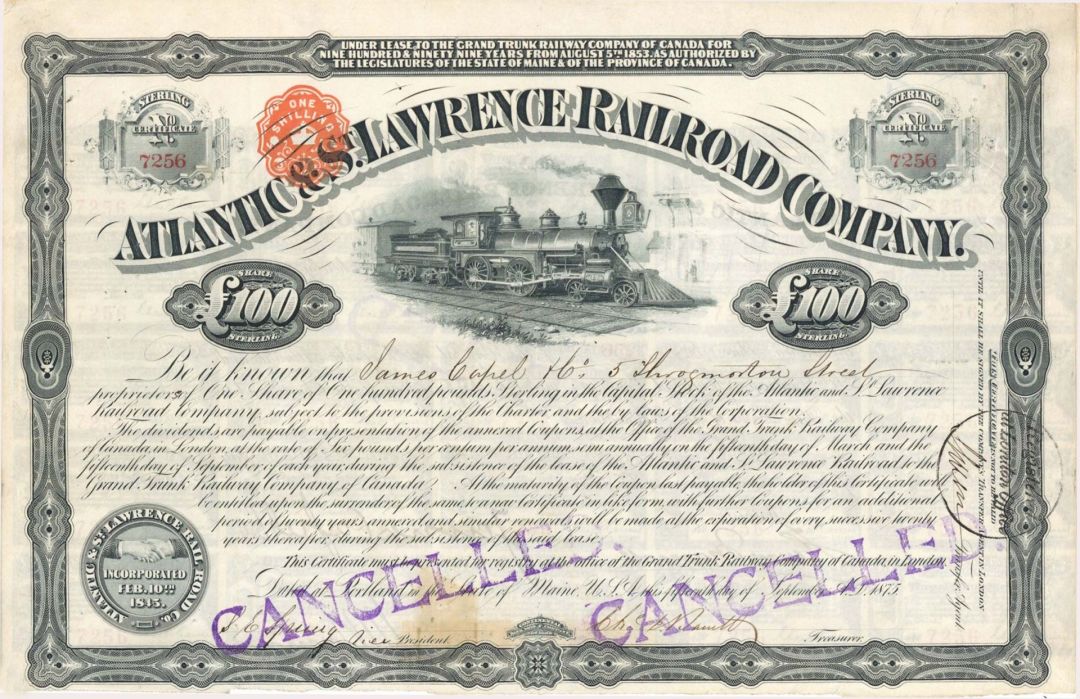 Atlantic and St. Lawrence Railroad Co. - 1875 or 1879 dated £100 British Pounds Bond