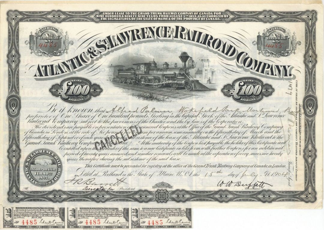 Atlantic and St. Lawrence Railroad Co. - £100 British Pounds Bond