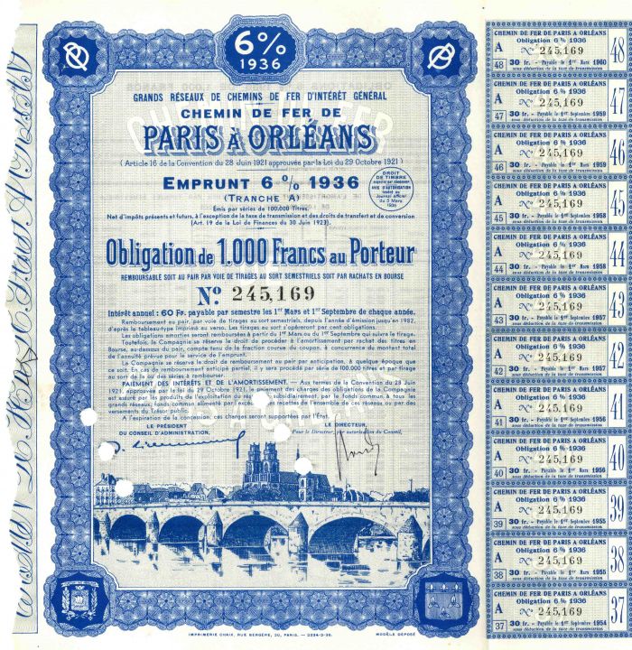 Chemin de Fer de Paris a Orleans - 1,000 Francs 6% Bond