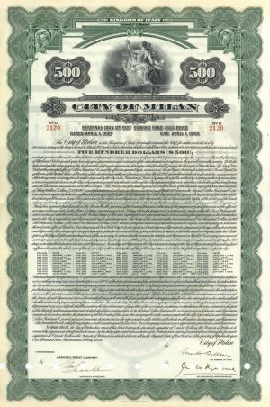 City of Milan Bond - 1927 dated Italian Bond - Italy - Available in $500 Green or $100 Blue - Please Specify Color