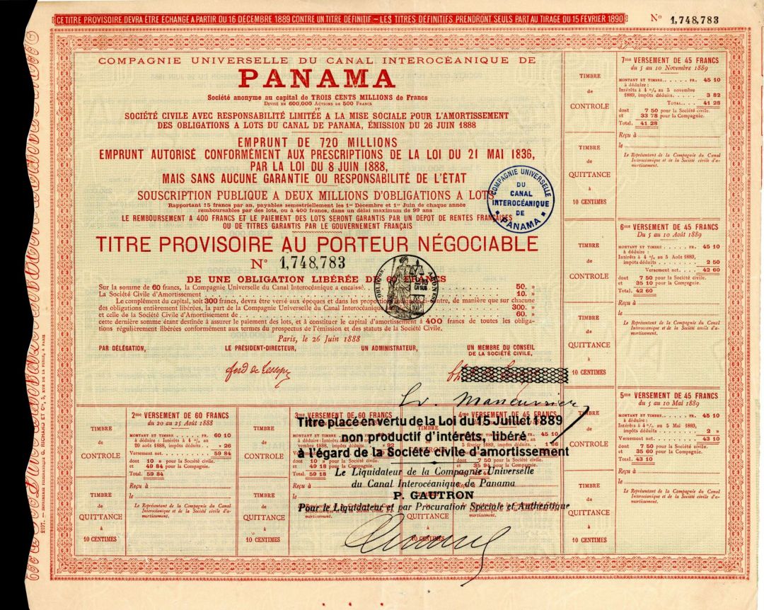 Panama-Companie Universelle Du Canal Interoceanique de Panama - 1888 dated Bond - Extremely Famous