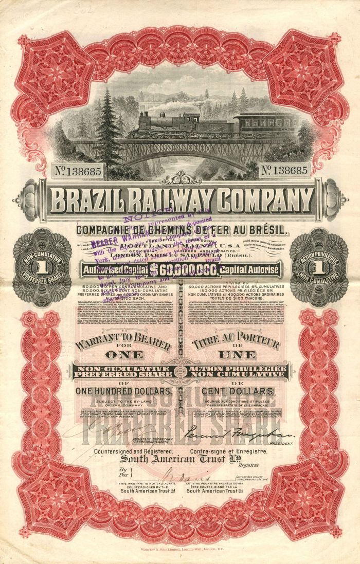 Brazil Railway Co. - Railroad Stock Certificate with Dividend Coupons Attached