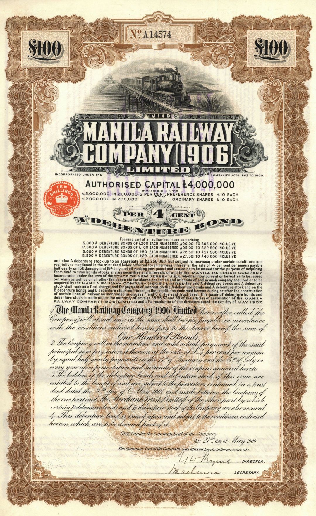 Manila Railway Co. 1906 Limited - 1909 dated Philippine £100 Railroad Bond - Philippines