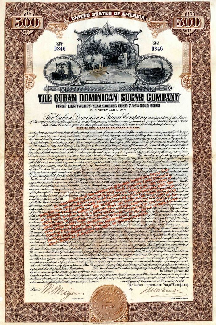 Cuban Dominican Sugar Co. - 1924 dated Cuba Bond (Uncanceled)