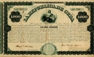 La Republica de Cuba - 1,000 Pesos - Bond (Uncanceled)