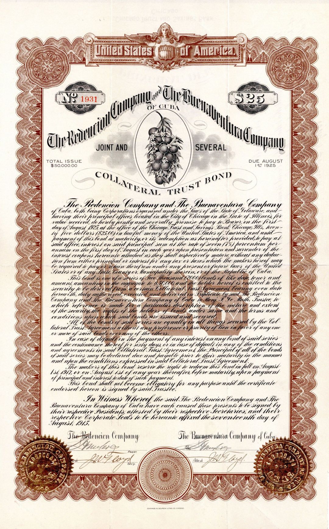Redencion Co. and The Buenaventura Co. of Cuba - 1915 dated $25 Bond