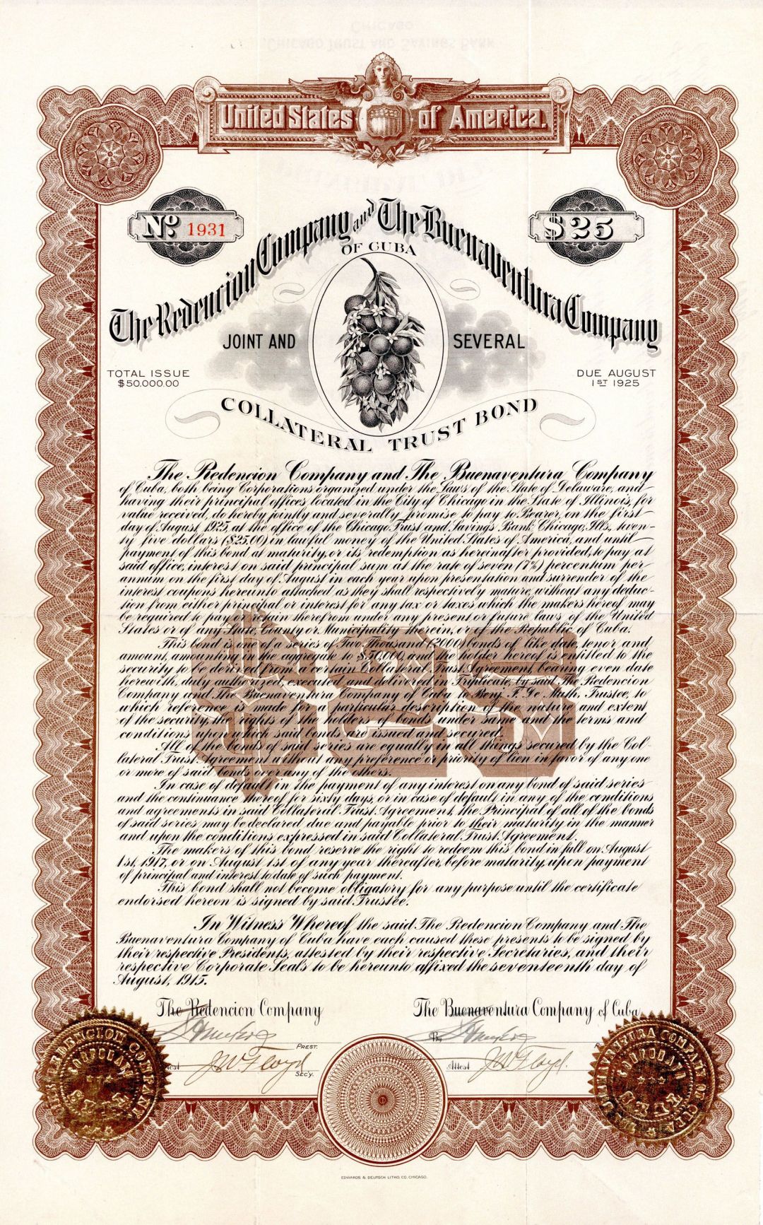 Redencion Co. and The Buenaventura Co. of Cuba - $25 Bond