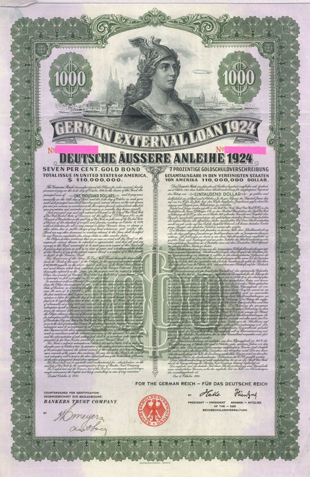 German Dawes External Gold Loan 7% 1924 $1,000US Bond with PASS-CO AUTHENTICATION (Uncanceled)