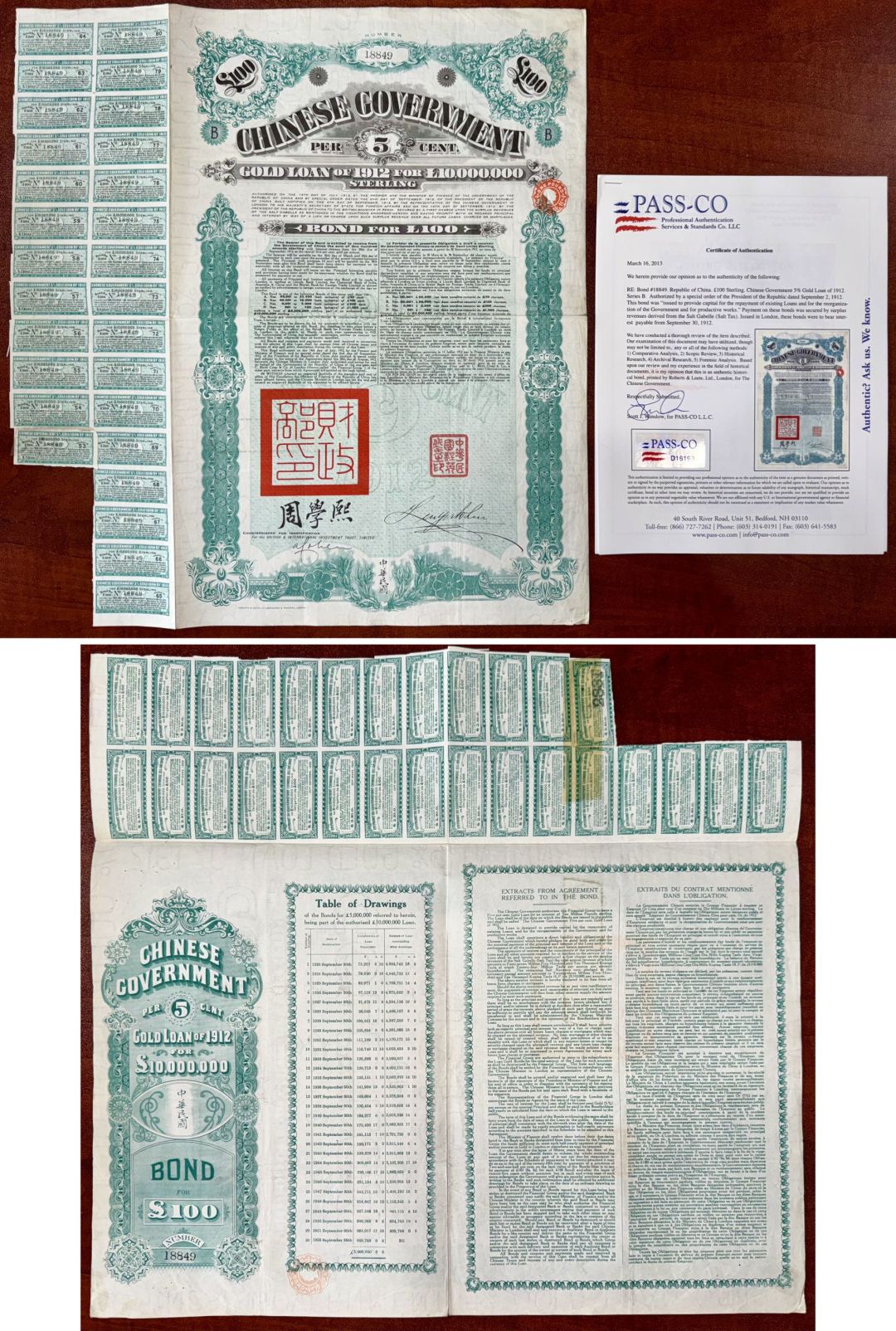 £100 British Pounds Crisp Gold Loan Chinese Government 5% dated 1912 - With Pass-co Authentication - Uncanceled Bond from China