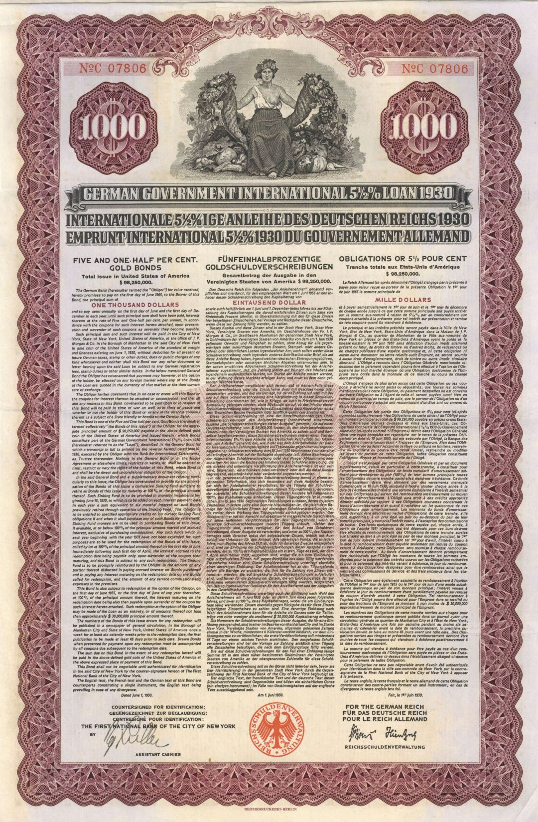 German Young Gold Loan 1930 Uncancelled $1,000 Denominated Bond with Pass-co Authentication (Uncanceled)