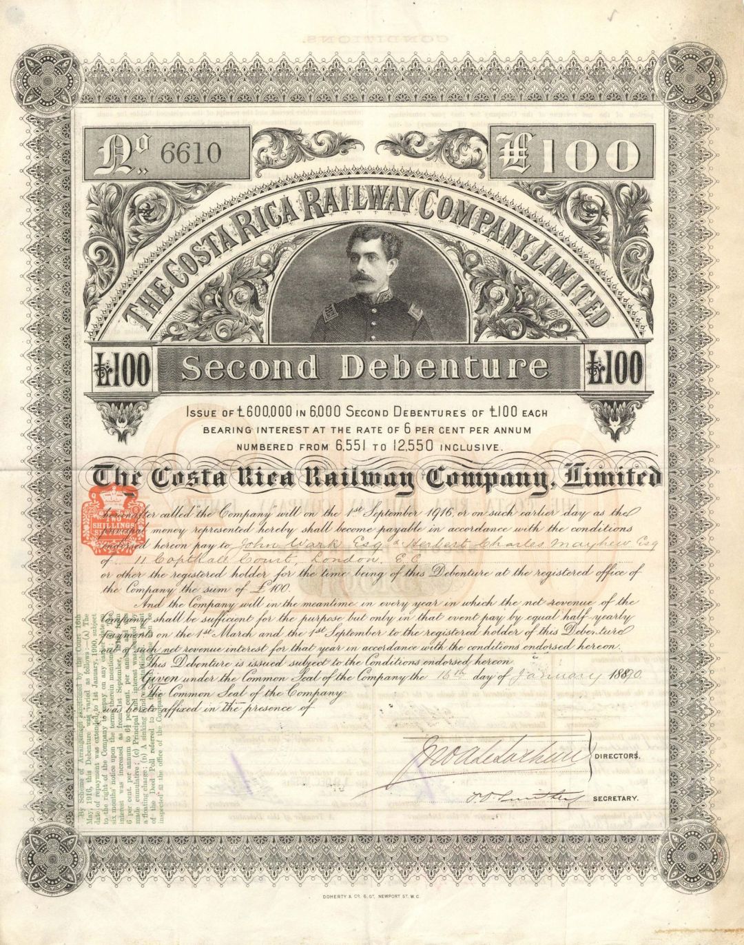 Costa Rica Railway Co., Limited - 1890 dated £100 Bond