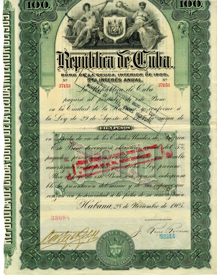 Republica de Cuba - 1905 dated 100 Pesos Bond