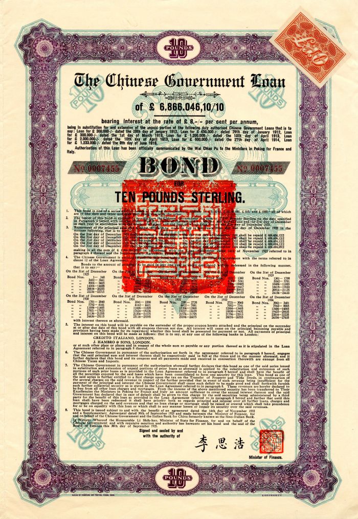 £10 Chinese Government Skoda Loan II 1925 bearing 8% Interest Bond - China Uncanceled Bond