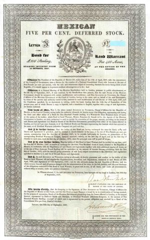 Mexican Five Per Cent. Deferred Stock 1837 £100 Bond (Uncanceled)