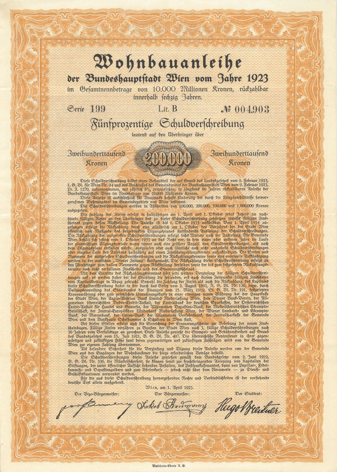 Austrian Bond - 1923 dated 200,000 Austrian Kronen